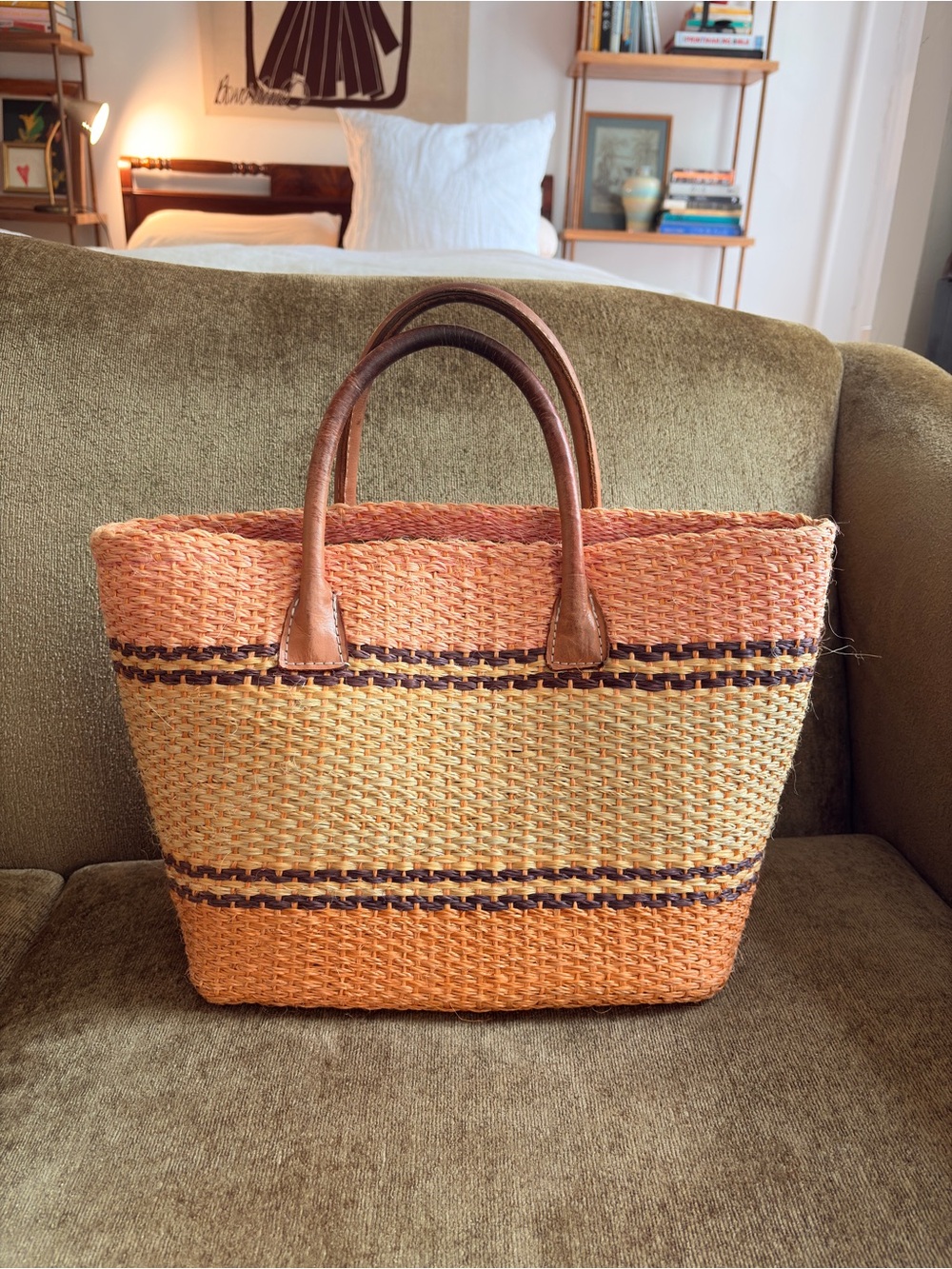 Woven Straw Sisal Tote Basket Bag with Leather Handles - Tan & Orange